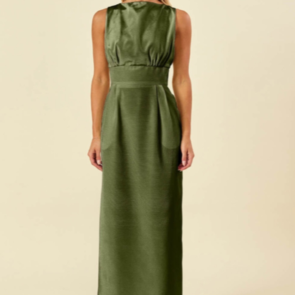 LulaKate Sabrina Floor-Length Boat Neck in Greenery Shantung